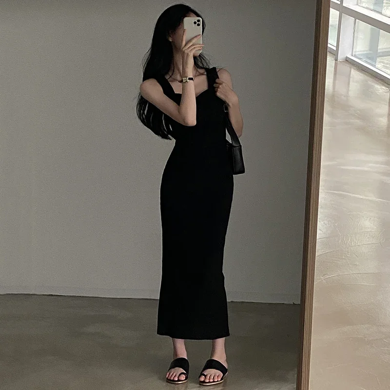 Myufon Knit Long Dress: Square Collar Sleeveless Y2K Vintage Casual 24 kf Sd4250b6a8a4d4c2e9b9be3739e8e8f279