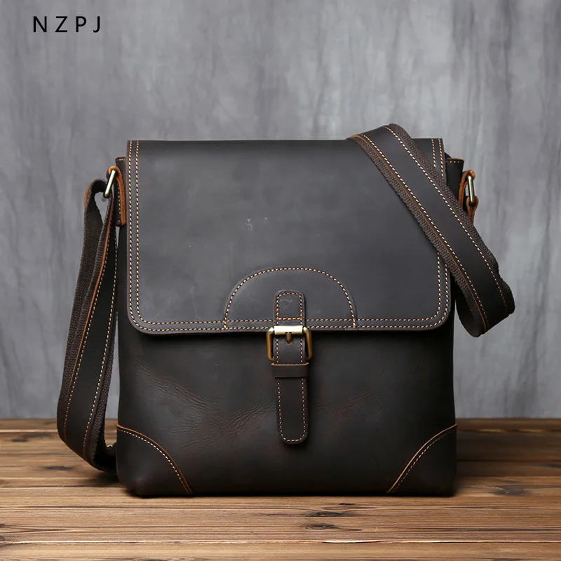 NZPJ Retro Men's Leather Shoulder Bag First Top Layer Cowhide Messenger Bag Casual Vertical Men's Bag Suitable For 11-Inch Ipad
