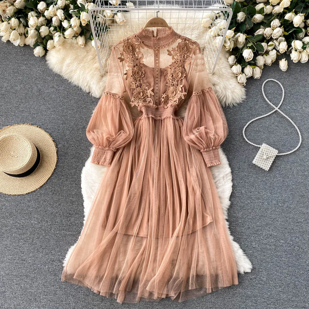 3D Flower Mesh Dress: Stand Collar Lantern Sleeve High Waist Slim Fit 13 kf Sd64a506ae9364a9faaf2d68e9f3c6bfeC
