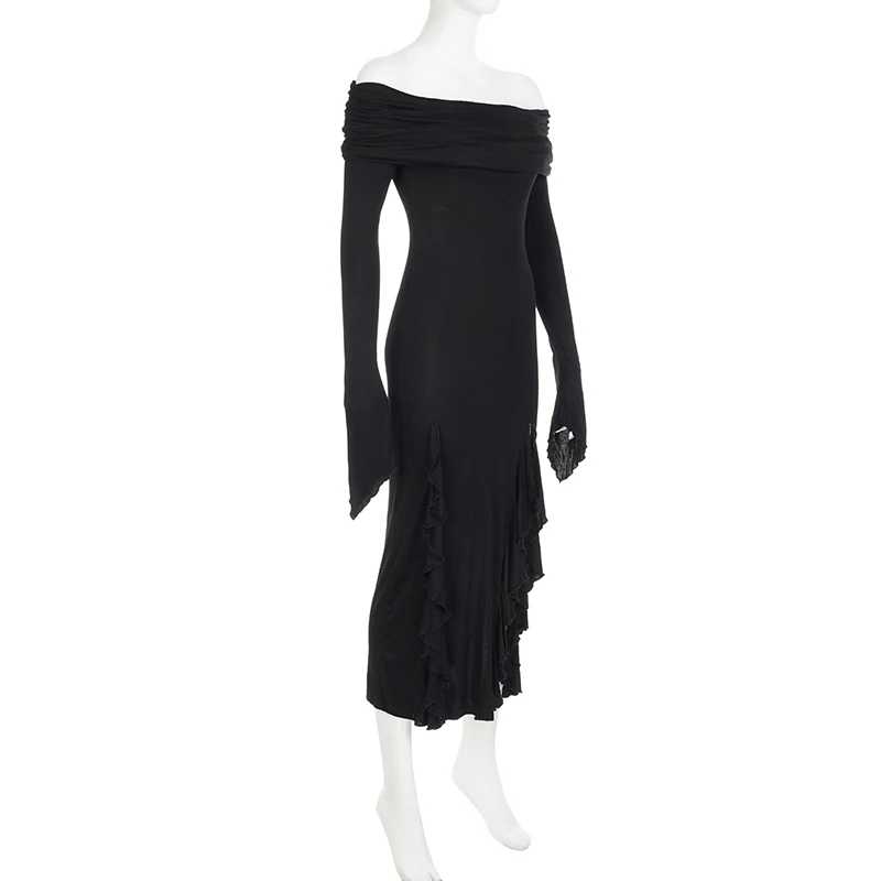 IAMSURE Dark Ruffles Split Maxi Dress: Gothic Slash Neck Long Sleeve Holiday 12 kf Sd9433319abf442329d71655fa2060cb20