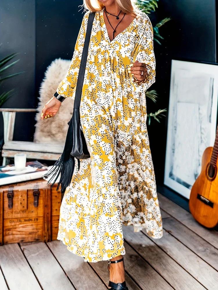 Plus Size 2025 Spring and Summer New Women's Flower Lantern Sleeve Waist Dress Elegant Casual Mature