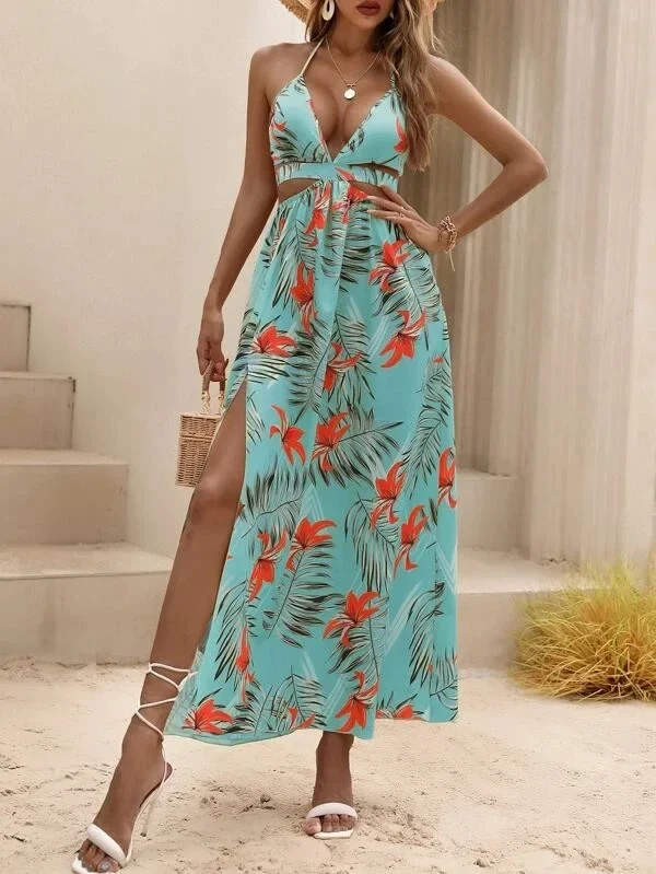 Elegant Bohemian Printed Dress: Sexy Bareback Bow Split Beach Party Wear 12 kf Sdb912873cc734b018954f44f64bd33c8Q