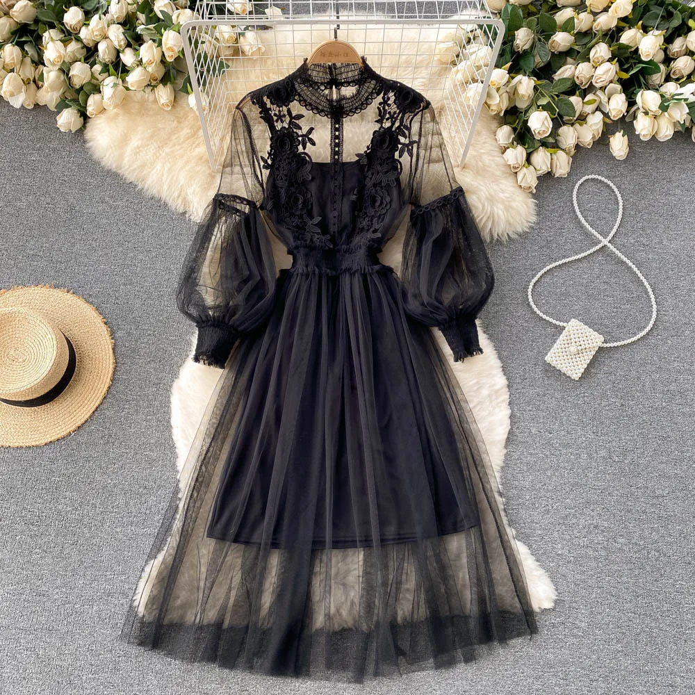 3D Flower Mesh Dress: Stand Collar Lantern Sleeve High Waist Slim Fit 10 kf Se1a506bacd4a45e6bc09161a26ec9ba68