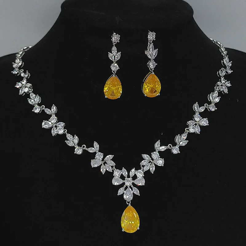 Cubic Zirconia Jewelry Set For Women Bridal Necklace Earring Set For Wedding Indian Water Drop Pendant Necklace For Prom Party
