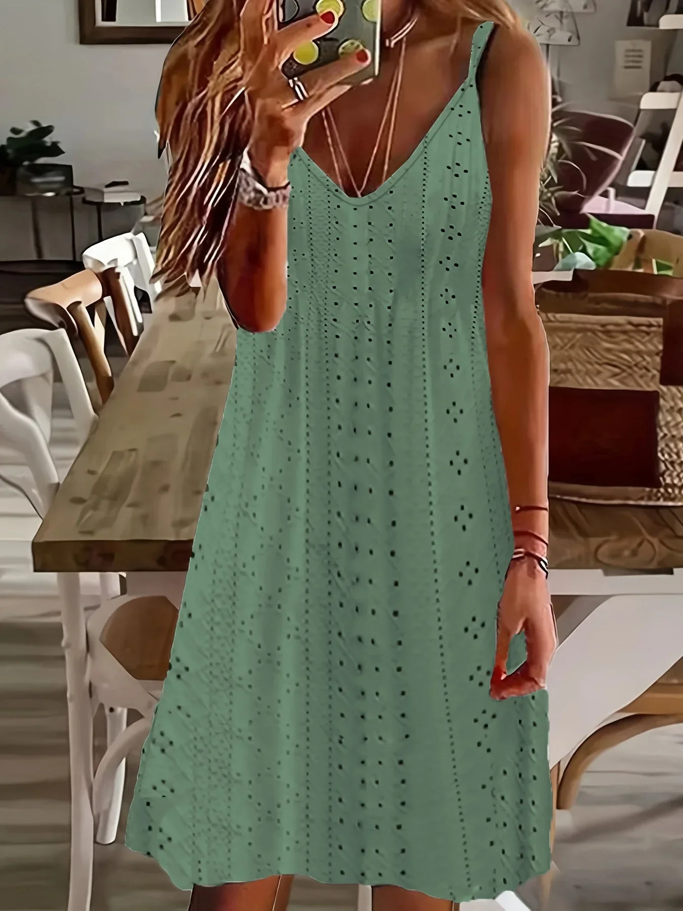 Plus Size Cutout Jacquard V-Neck Strap Dress - Solid Color Summer Wear 13 kf Se857441a5c1546b5985e889c74297728c