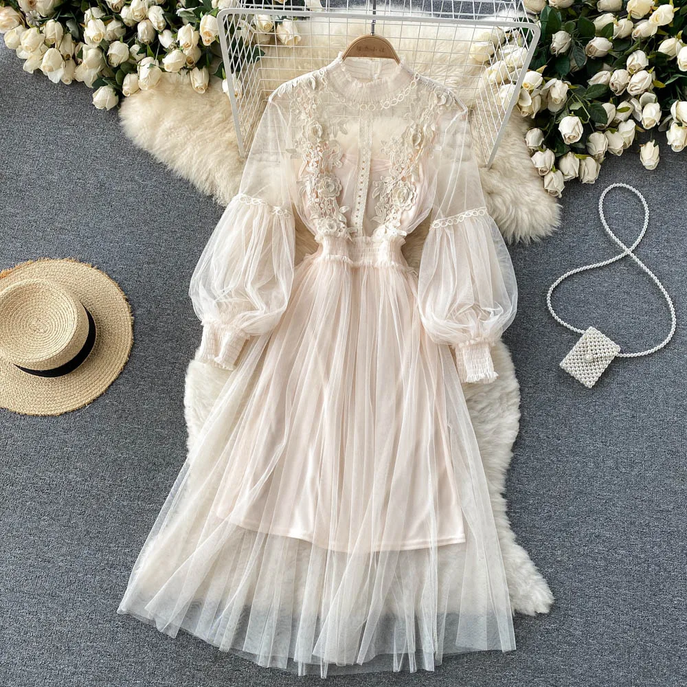 3D Flower Mesh Dress: Stand Collar Lantern Sleeve High Waist Slim Fit 11 kf Sf2af1e1cdbb54dcaa9f1f2ee72cd351fn