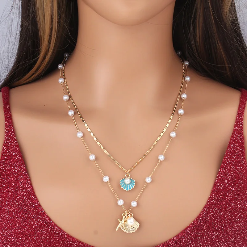 2-Pc Gold Plated Starfish Necklace: Pearl Ocean Beach Jewelry for Women 10 kf Sf9fc682fb3864a00b20e22ed786e51c49