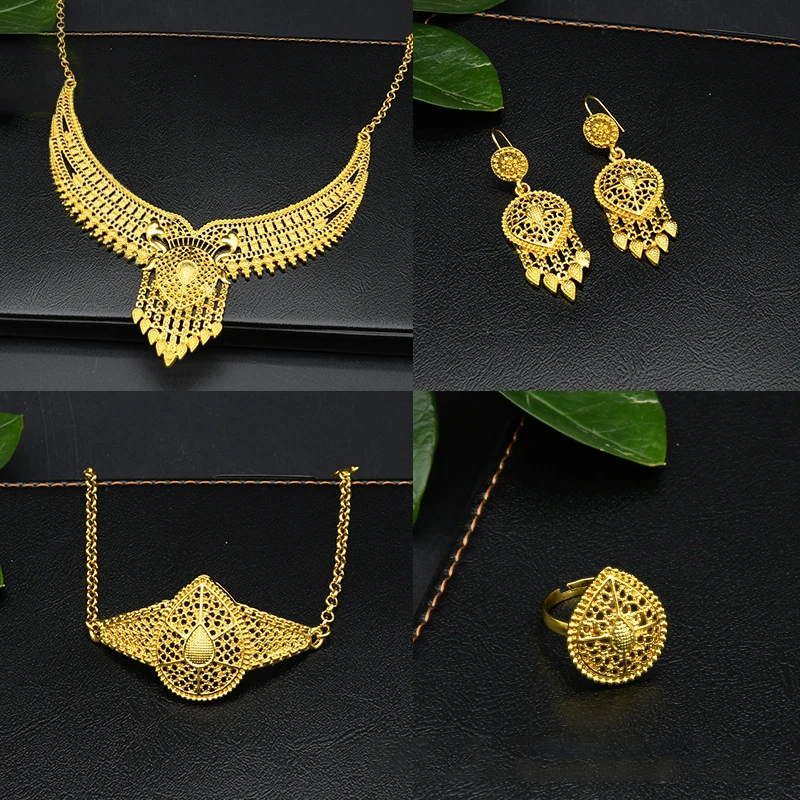 4Pcs/set Gold Plated Bridal Necklace Earrings Ring Bracelets Indian Women's Jewelry Set