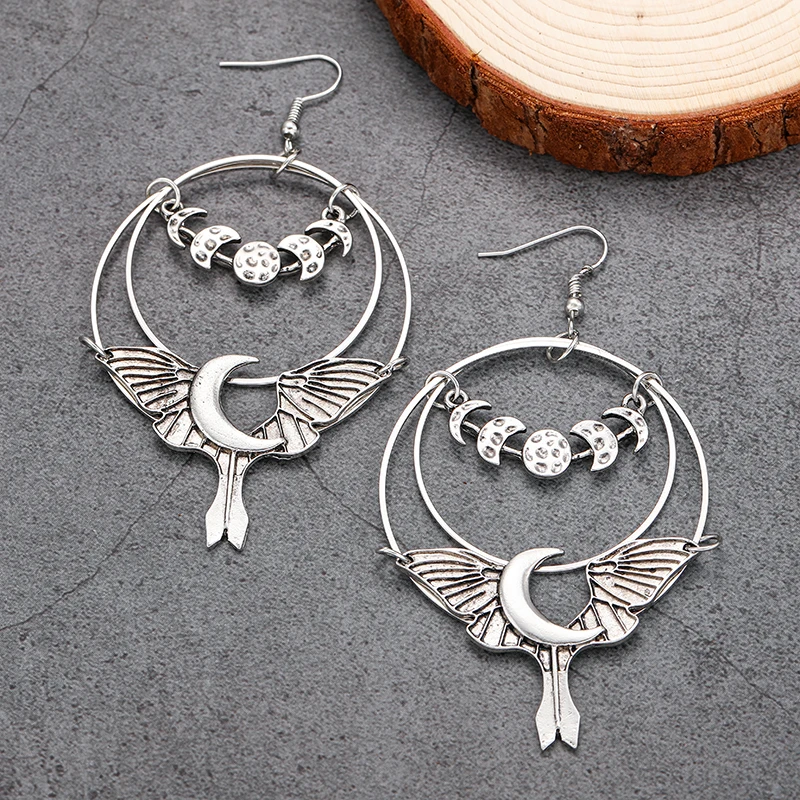 New Gothic Silver Color Moon Dangle Earrings for Women Dark Butterfly Bat Round Earring Goth Halloween Jewelry Accessories Gifts