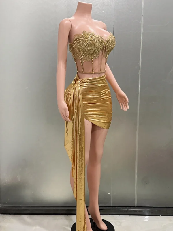Gold Color Women Sexy 2 Pieces Strapless Bodycon Mini Dress Bar Singer Nightclub Party Celebrate Birthday Dress Wholesale - Image 2
