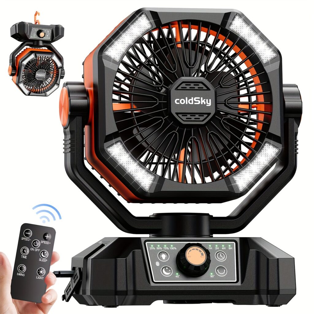 20000mAh Battery Powered Camping Fan - Dual Motor, 8-Speed Remote Control & 4 LED Lanterns, Portable Outdoor Fan with Tent Hook for Camping, Blackouts, Construction Sites