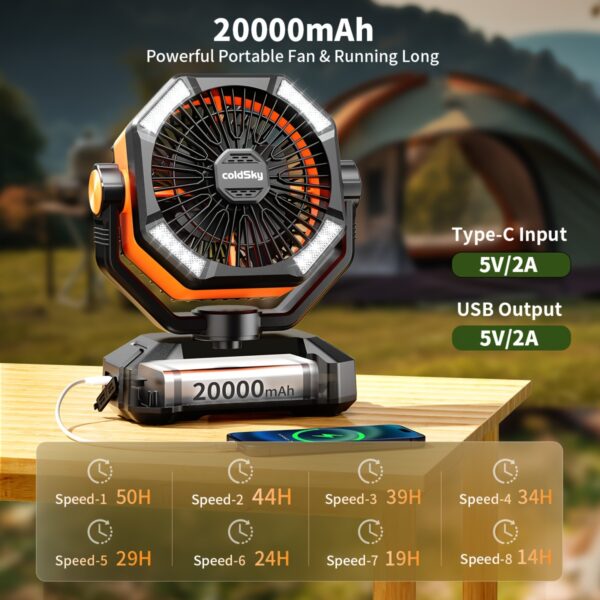 20000mAh Battery Powered Camping Fan - Dual Motor, 8-Speed Remote Control & 4 LED Lanterns, Portable Outdoor Fan with Tent Hook for Camping, Blackouts, Construction Sites - Image 3